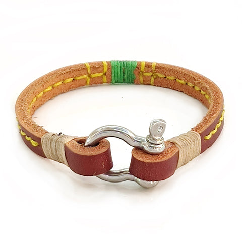 Handcrafted Brown Genuie Leather Unisex Marine Style Fashion Bracelet-Cuff-Stainless Shackle design bracelet