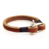 Handcrafted Brown Genuine Leather Unisex Marine Style Fashion Bracelet-Cuff-Stainless Shackle design bracelet