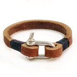 Handcrafted Brown Genuine Leather Unisex Marine Style Fashion Bracelet-Cuff-Stainless Shackle design bracelet