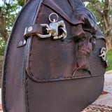 Handcrafted Brown Leather Motorcycle Left Side Saddle Bag - Motorcycle Swingarm Bag with Skull Design
