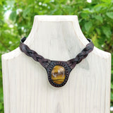 Boho Handcrafted Genuine Leather Choker with Tiger Eye Stone Setting - Quality Unisex Fashion Leather Jewelery