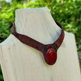 Boho Leather Choker with Red Agate Stone - Fashion Jewelry