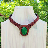 Boho Handcrafted Genuine Leather Choker with Green Agate Stone Setting - Quality Unisex Fashion Leather Jewelery