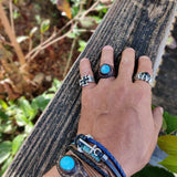 Handcrafted Boho Leather Ring with Turquoise Stone Setting - Fashion Design Ring Size 8