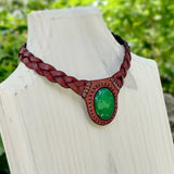 Boho Handcrafted Genuine Leather Choker with Green Agate Stone Setting - Quality Unisex Fashion Leather Jewelery