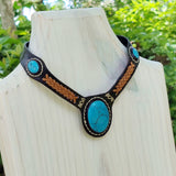 Boho Handcrafted Genuine Leather Choker with Turquoise Stone - Quality Unisex Fashion Leather Jewelery