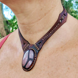 Boho Handcrafted Genuine Vegetal Leather Choker with Rose Agate Stone - Unisex Gift Fashion Jewelry with Natural Stone