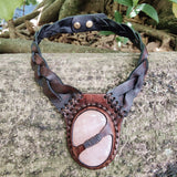 Boho Handcrafted Genuine Vegetal Leather Choker with Rose Agate Stone - Unisex Gift Fashion Jewelry with Natural Stone