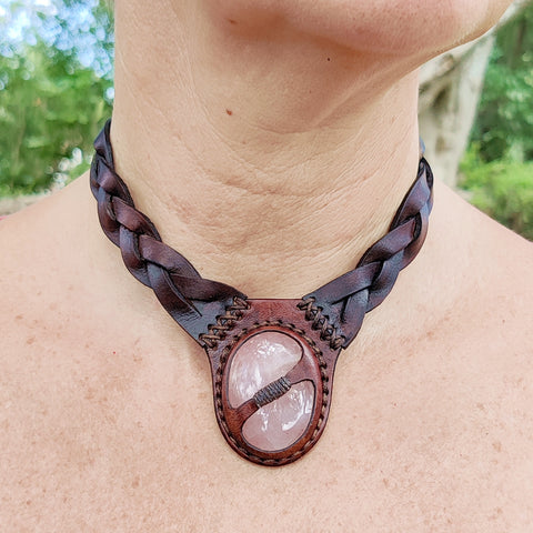 Handcrafted Genuine Vegetal Leather Choker with Rose Agate Stone-Unique Unisex Gift Fashion Jewelry with Natural Stone Necklace