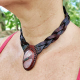 Handcrafted Genuine Vegetal Leather Choker with Rose Agate Stone-Unique Unisex Gift Fashion Jewelry with Natural Stone Necklace