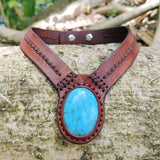 Boho Handcrafted Genuine Vegetal Leather Choker with Turquoise Stone-Unisex Gift Fashion Jewelry with Natural Stone