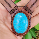 Boho Handcrafted Genuine Vegetal Leather Choker with Turquoise Stone-Unisex Gift Fashion Jewelry with Natural Stone