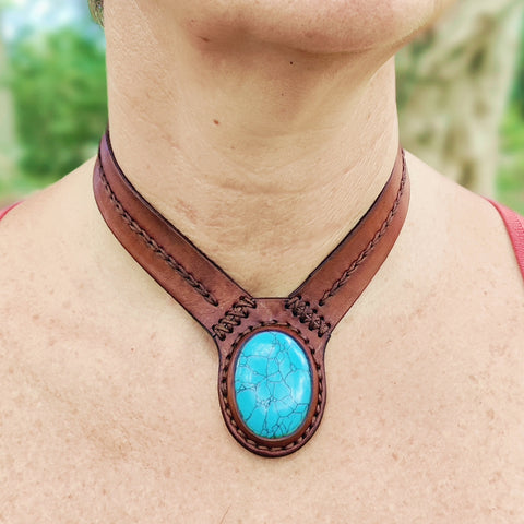 Boho Handcrafted Genuine Vegetal Leather Choker with Turquoise Stone-Unisex Gift Fashion Jewelry with Natural Stone