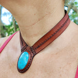 Boho Handcrafted Genuine Vegetal Leather Choker with Turquoise Stone-Unisex Gift Fashion Jewelry with Natural Stone