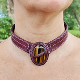 Handcrafted Genuine Vegetal Leather Choker with Tiger Eye Stone-Unique Unisex Gift Fashion Jewelry with Natural Stone Necklace