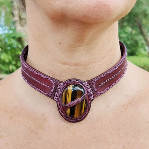 Handcrafted Genuine Vegetal Leather Choker with Tiger Eye Stone-Unique Unisex Gift Fashion Jewelry with Natural Stone Necklace