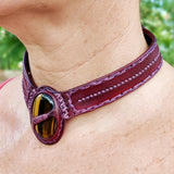 Handcrafted Genuine Vegetal Leather Choker with Tiger Eye Stone-Unique Unisex Gift Fashion Jewelry with Natural Stone Necklace