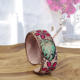 Handcrafted Genuine Vegetal Leather Bracelet with Hand Carved Flower-Unisex Gift-Unique Fashion Jewelry-Adjustable Wristband or Arm Bracelet