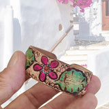 Handcrafted Genuine Vegetal Leather Bracelet with Hand Carved Flower-Unisex Gift-Unique Fashion Jewelry-Adjustable Wristband or Arm Bracelet