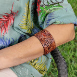 Handcrafted Hand Carved Vegetal Leather Bracelet with Agate Stone-Unisex Gift-Unique Fashion Jewelry-Adjustable Wristband or Arm Bracelet