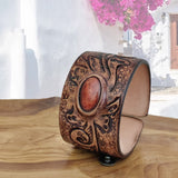Handcrafted Hand Carved Vegetal Leather Bracelet with Agate Stone-Unisex Gift-Unique Fashion Jewelry-Adjustable Wristband or Arm Bracelet