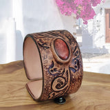 Handcrafted Hand Carved Vegetal Leather Bracelet with Agate Stone-Unisex Gift-Unique Fashion Jewelry-Adjustable Wristband or Arm Bracelet