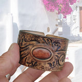 Handcrafted Hand Carved Vegetal Leather Bracelet with Agate Stone-Unisex Gift-Unique Fashion Jewelry-Adjustable Wristband or Arm Bracelet
