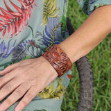 Handcrafted Hand Carved Vegetal Leather Bracelet with Agate Stone-Unisex Gift-Unique Fashion Jewelry-Adjustable Wristband or Arm Bracelet