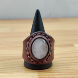 Unique Handcrafted Vegetal Brown Leather Ring With White Agate Stone Setting-Unisex Gift Fashion Jewelry with Naturel Stone Band