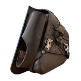 Handcrafted Black Vegetan Leather Motorcycle Skull Left Side Solo Saddlebag with Stainless Steel Flask