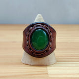 Handcrafted Brown Leather Ring with Green Agate Stone Setting -  Fashion Jewelery -  Men and Women -  Handmade Ring