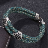 Fashion Unisex Braided Leather Rustic Green Bracelet -  Boho Bracelets -  Stainless Steel Clasp Boho Leather Bracelets for Men