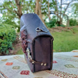 Handcrafted Brown Leather Motorcycle Left Side Saddle Bag - Motorcycle Swingarm Bag with Skull Design